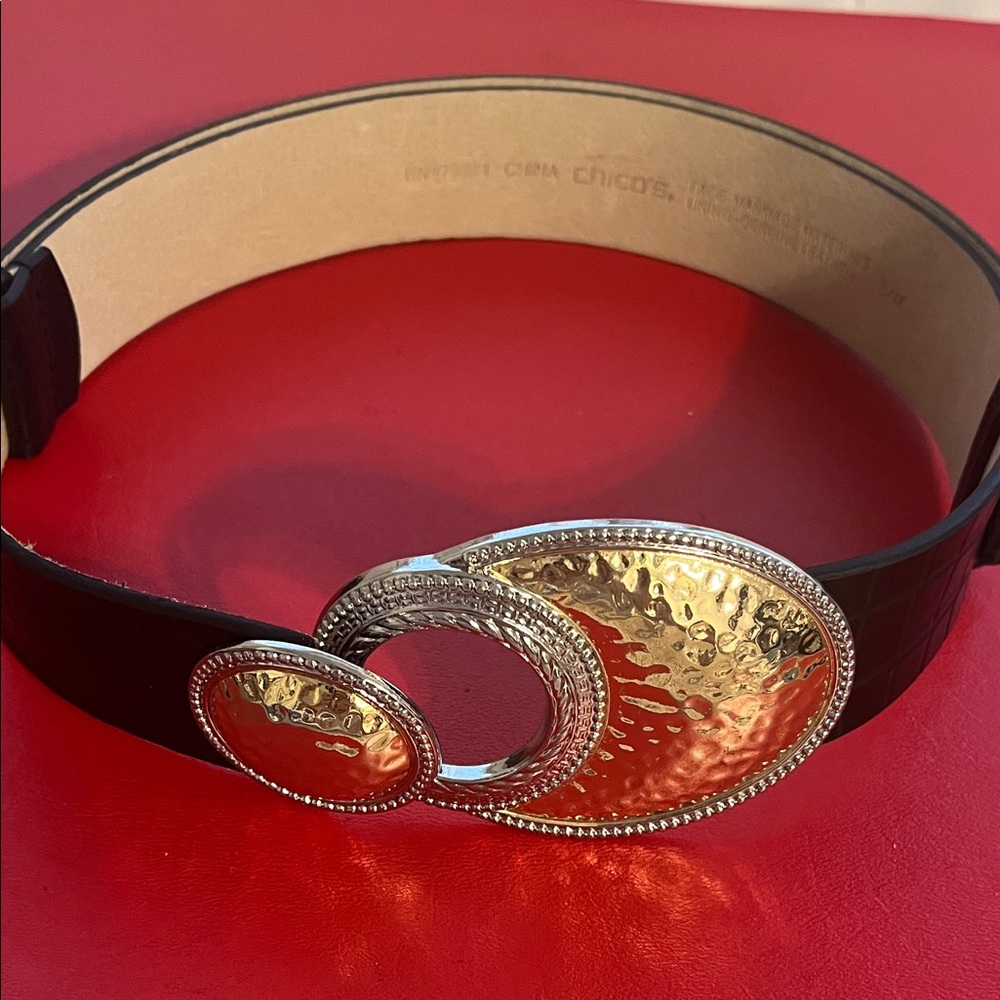 CHICO'S Women's S/M Slide Adjustable Black Leather Silver & Gold buckle Belt